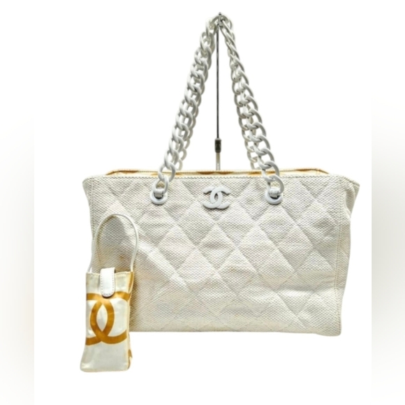 Chanel White Woven Canvas Bekko Chain Large Tote Bag In White - Picture 6 of 17